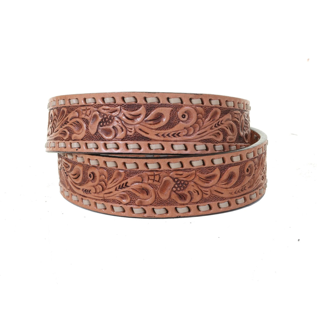 Floral Tooled Buckstitched Leather Belt #B1158
