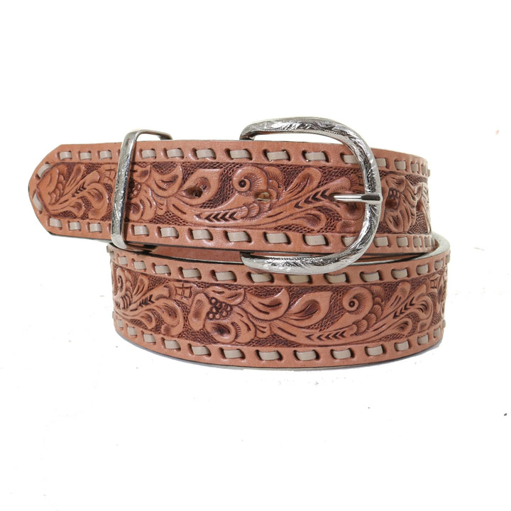 Floral Tooled Buckstitched Leather Belt #B1158