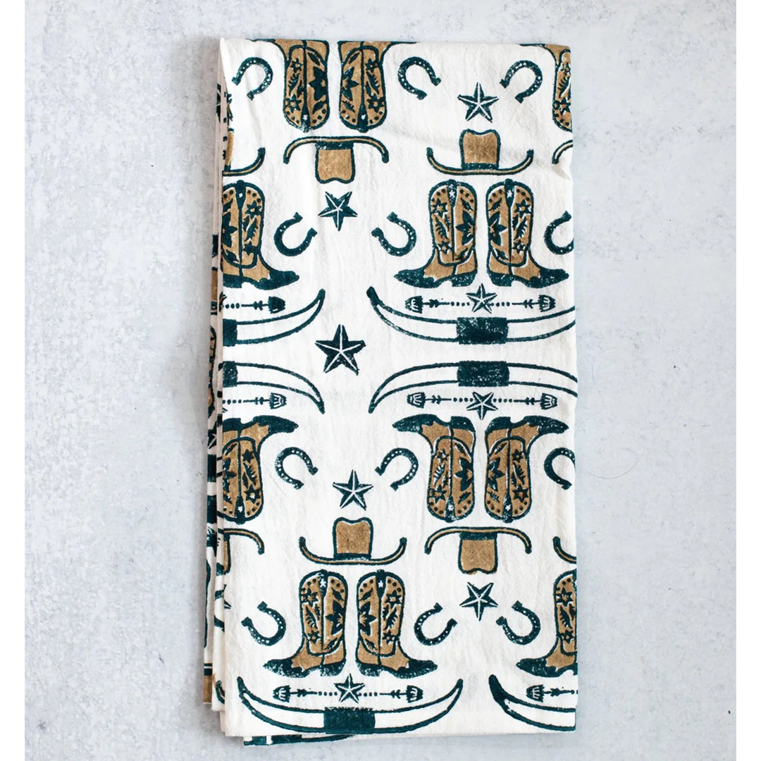 Cowgirl Boots Block Print Tea Towel
