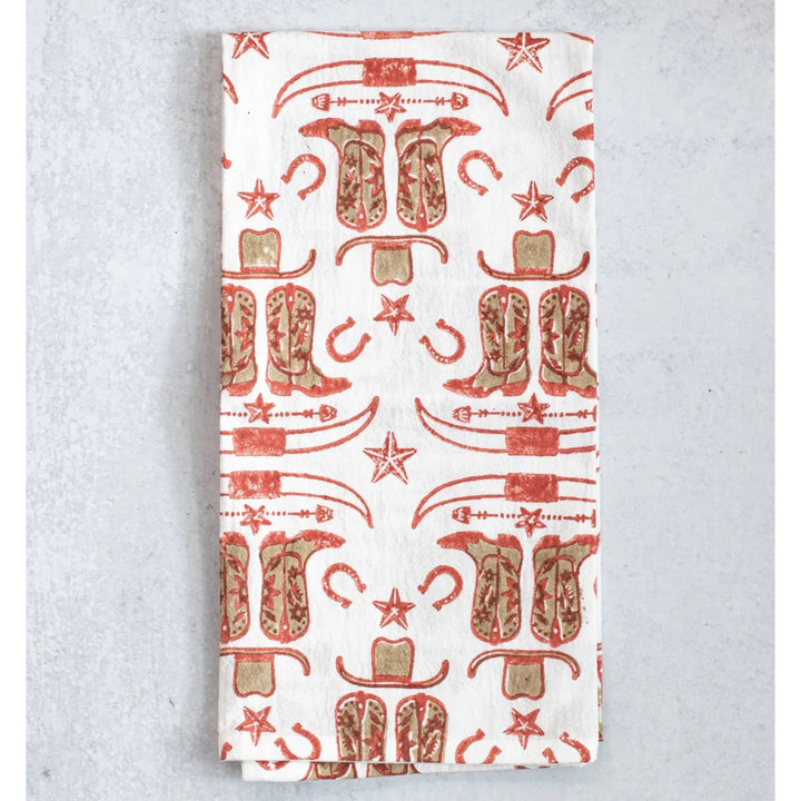 Cowgirl Boots Block Print Tea Towel