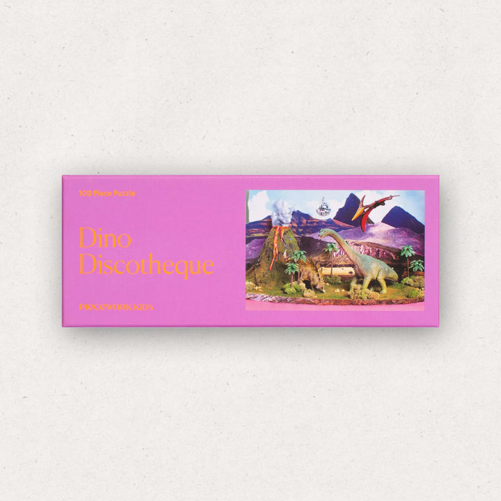 Pink box with dinosaur illustration and 'Dino Discotheque' text on a white background