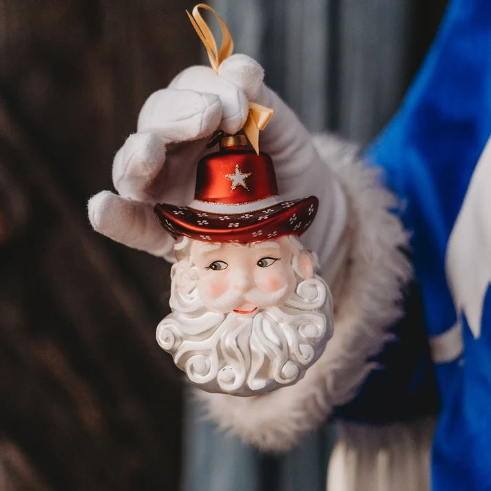 Maroon Cowboy Santa Ornament