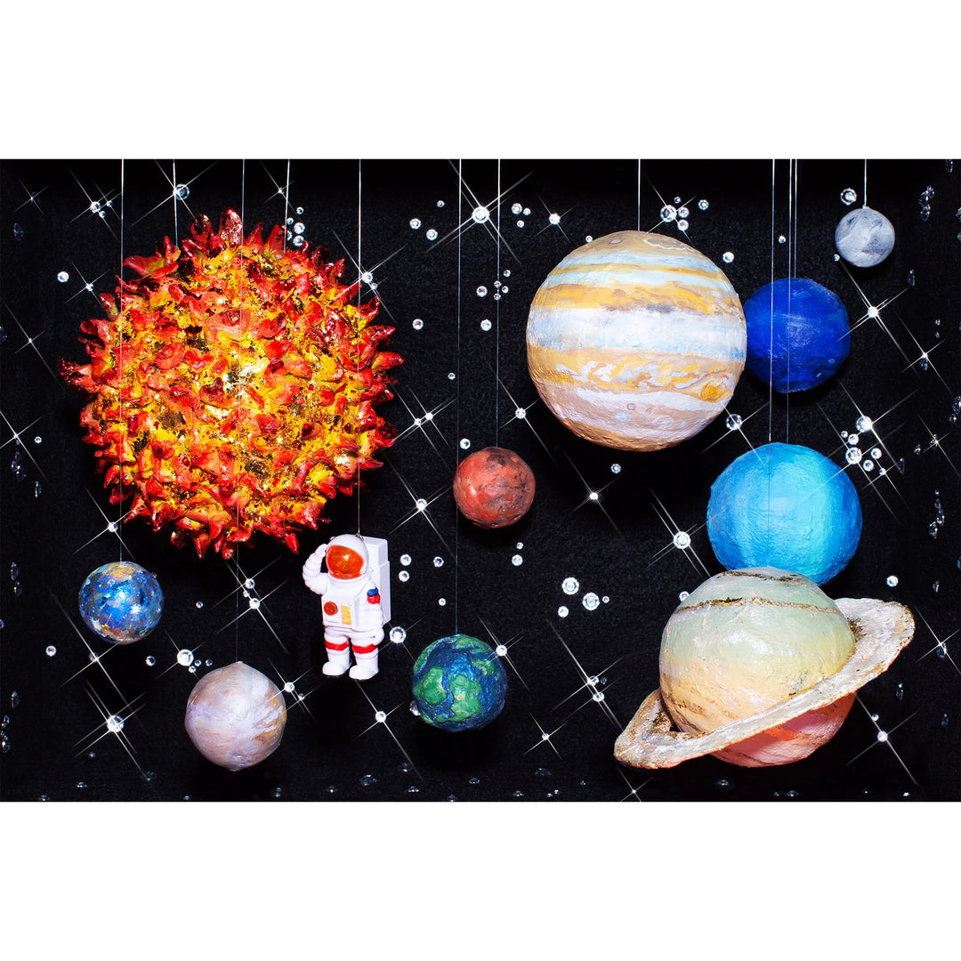 Illustration of planets and the sun with an astronaut figure on a black background