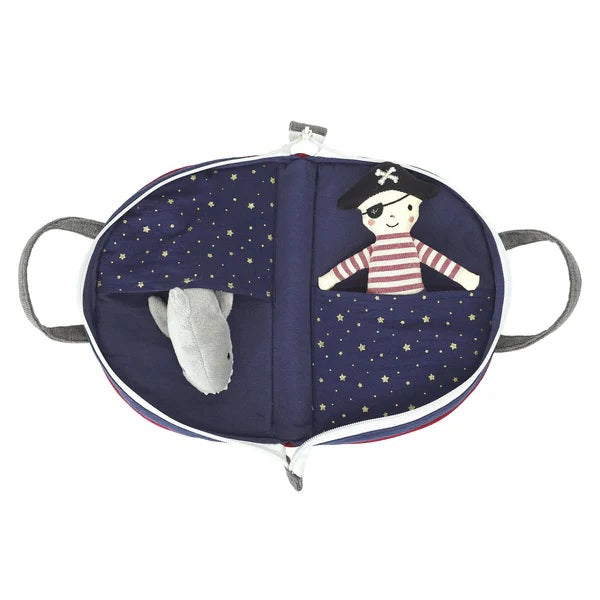 Navy blue bag with a pirate design and plush toy inside on a white background