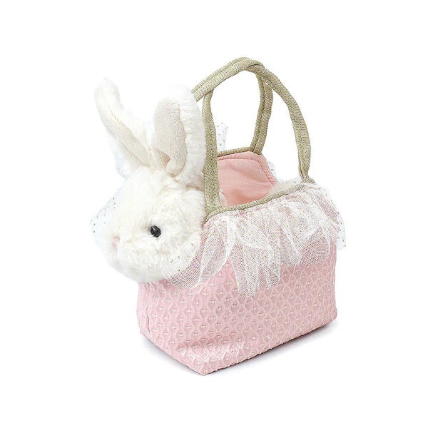 Pink lace bag with a plush bunny inside on a white background