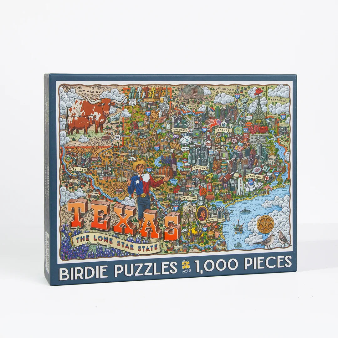 Jigsaw puzzle box featuring a colorful map of Texas with a cowgirl on a white background.