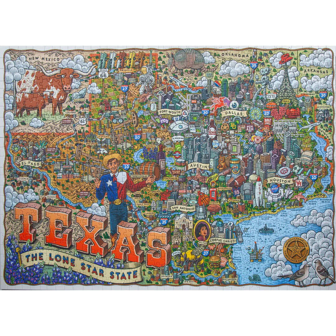 Colorful puzzle map of Texas with various symbols and landmarks