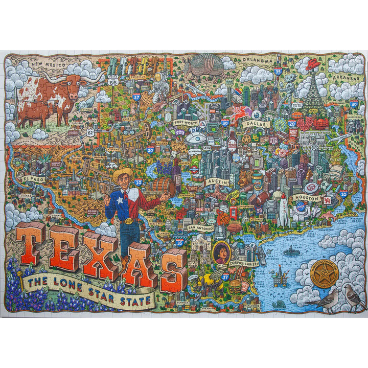 Colorful puzzle map of Texas with various symbols and landmarks