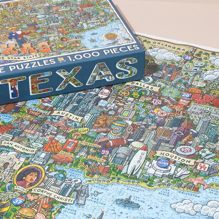 Colorful puzzle map of Texas with various symbols and landmarks