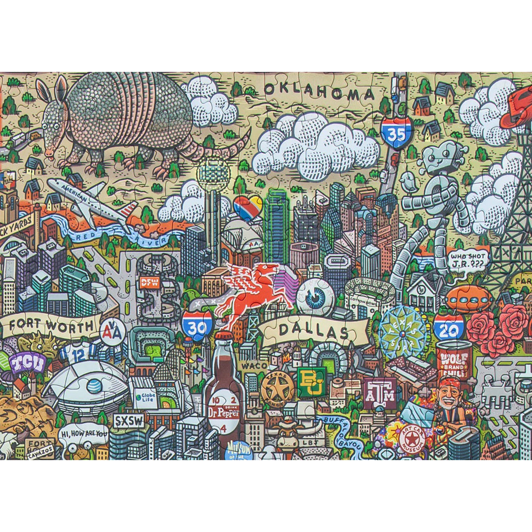 Colorful puzzle map of Texas with various symbols and landmarks