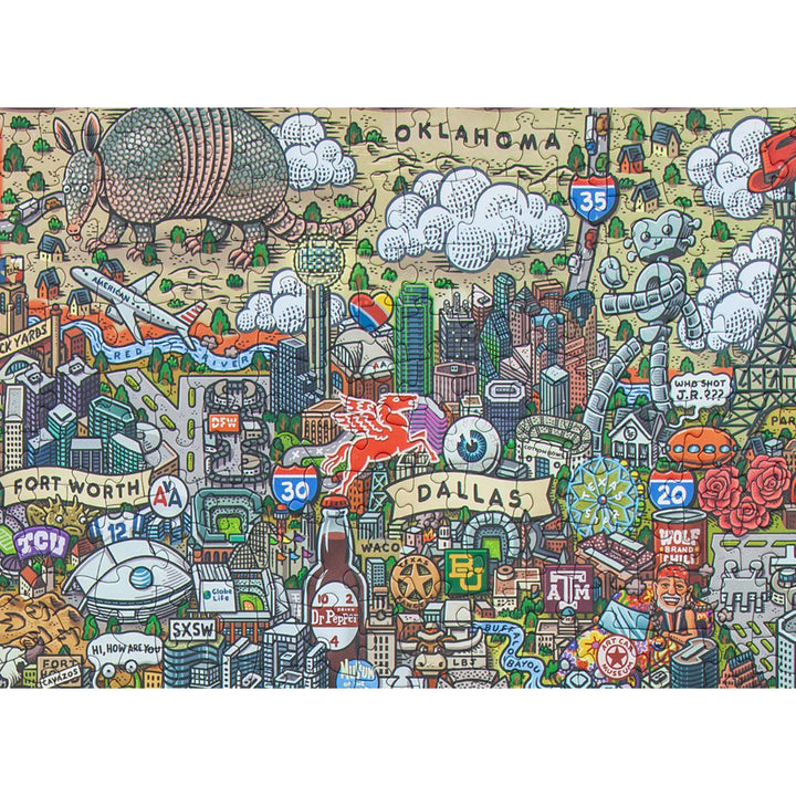 Colorful puzzle map of Texas with various symbols and landmarks