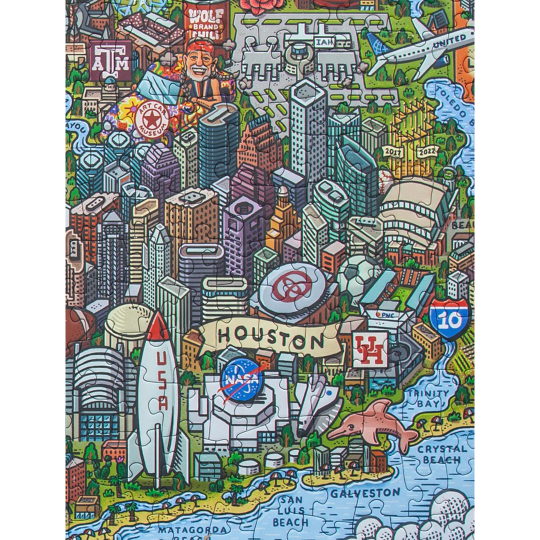 Colorful puzzle map of Texas with various symbols and landmarks