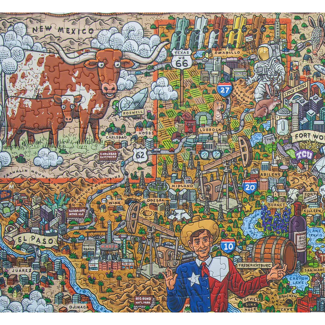 Colorful puzzle map of Texas with various symbols and landmarks